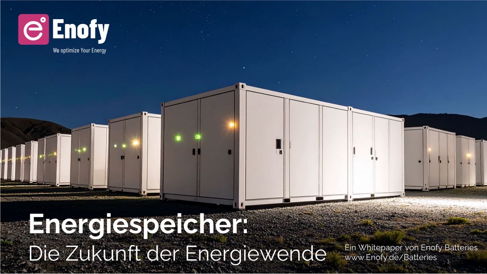 Titelseite des Whitepapers: Batteriespeicher-Container bei Nacht